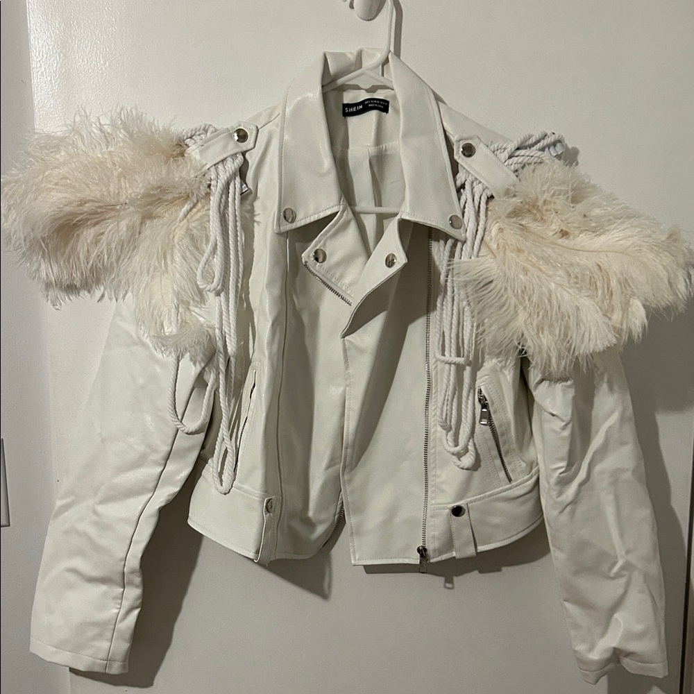 SHEIN White Leather Jacket with Faux Fur